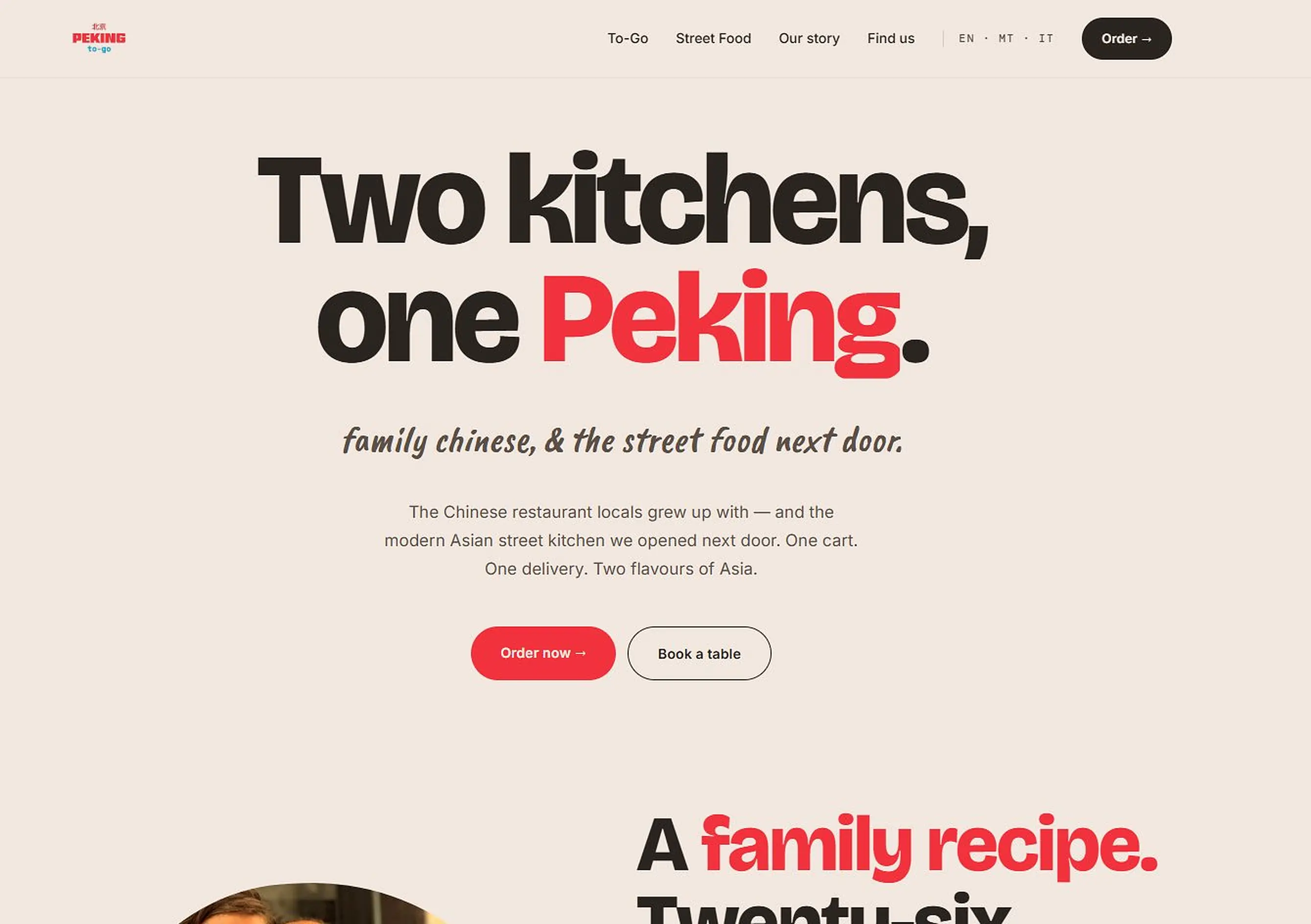 Peking Ltd. Malta custom website homepage hero, designed and built by Blinklabs, with the headline Two kitchens, one Peking.