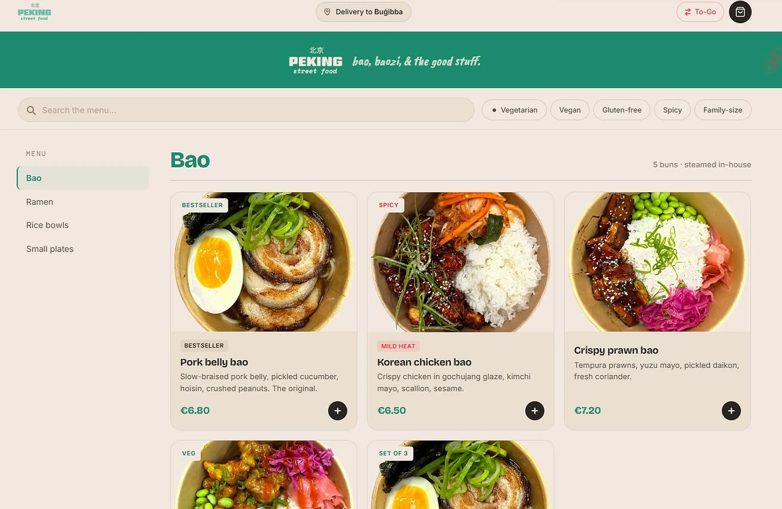 Peking Streetfood Malta online ordering menu showing bao, baozi, ramen, rice bowls, and small plates with delivery to Buġibba.
