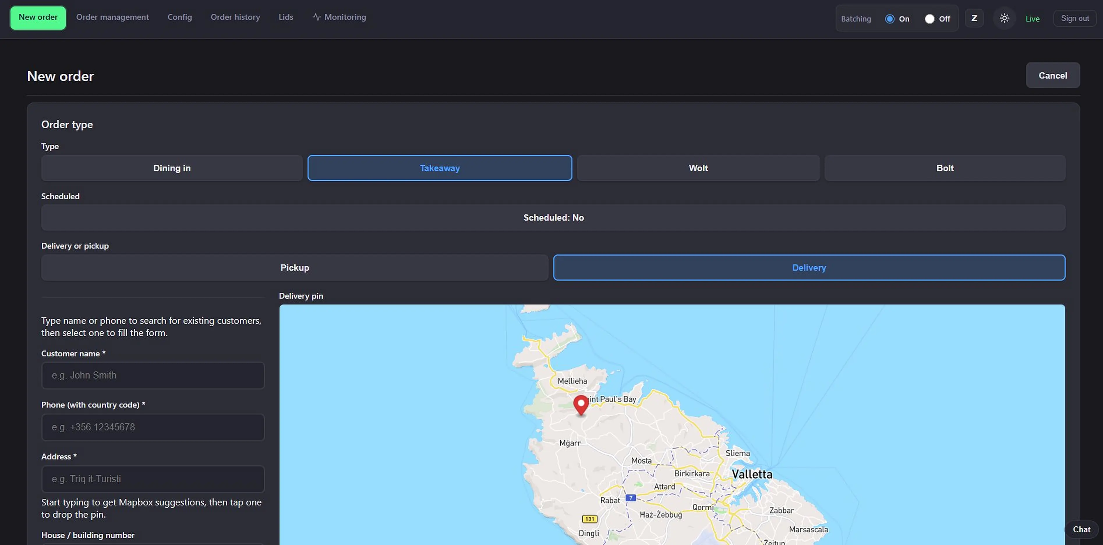 ERP new order screen with Malta map and Mapbox delivery pin