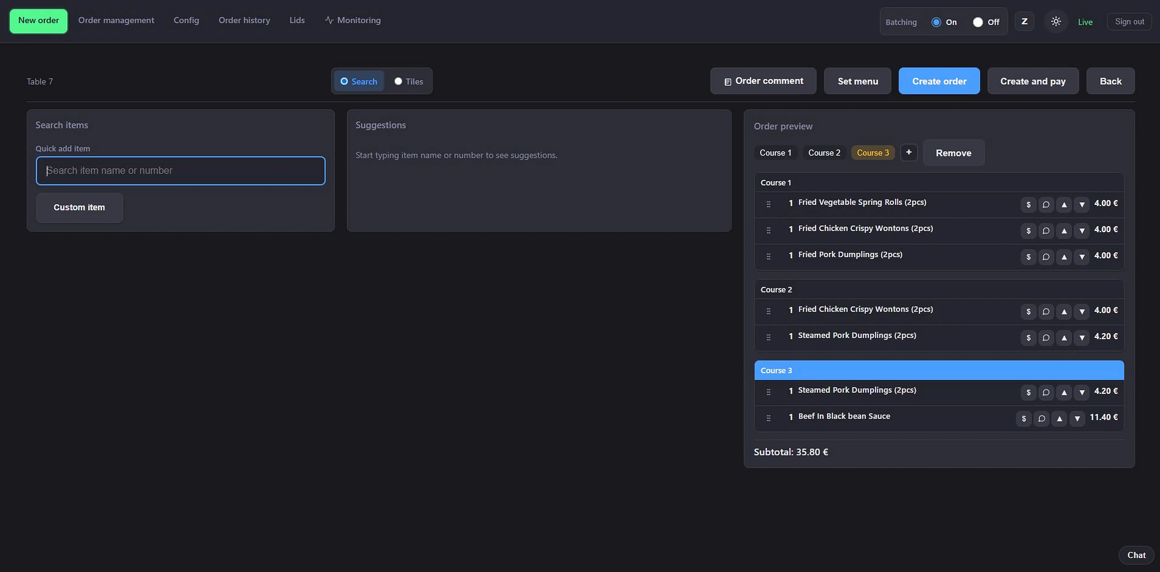 Table-side order builder with course structuring