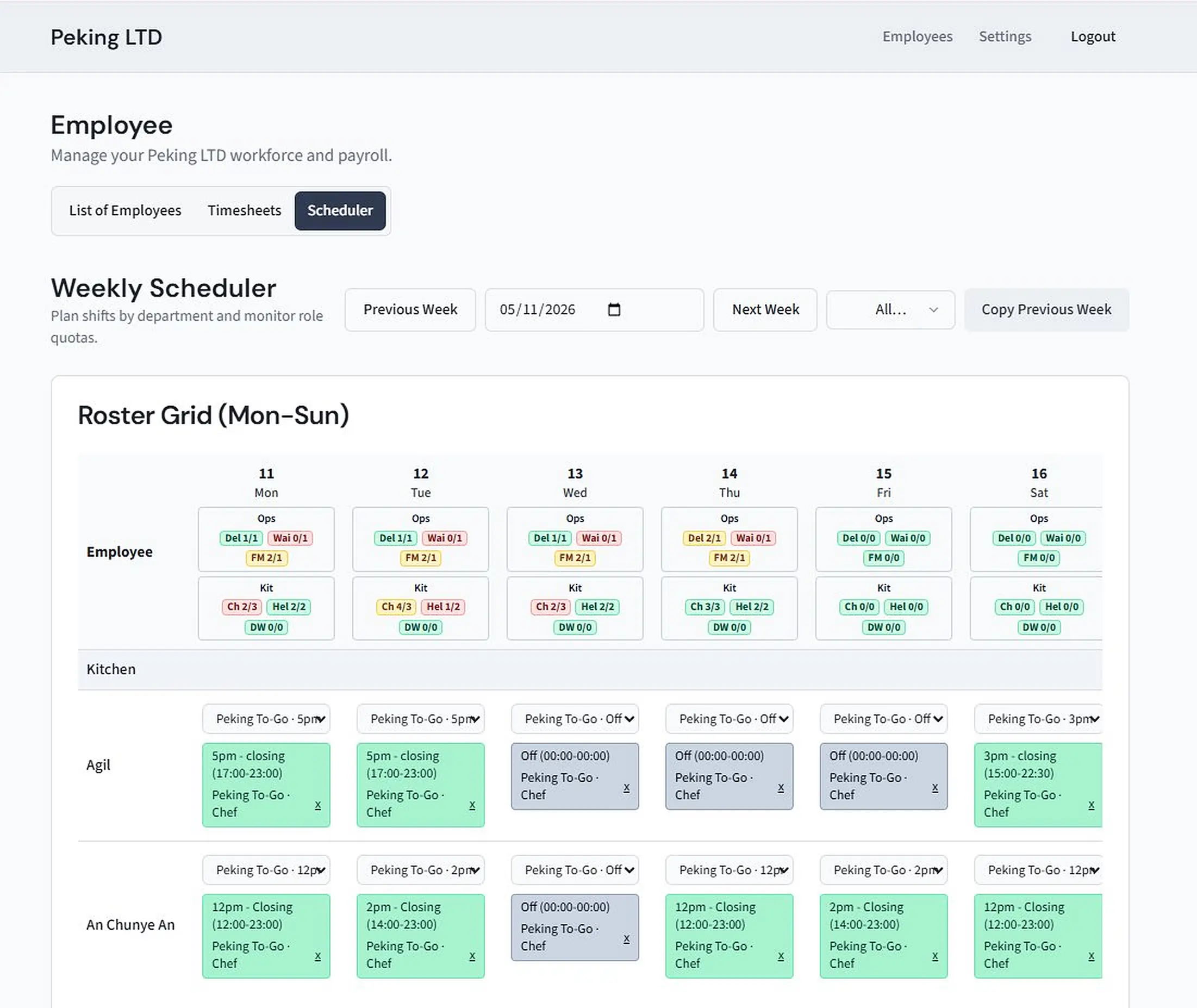 Weekly staff scheduler across both restaurants