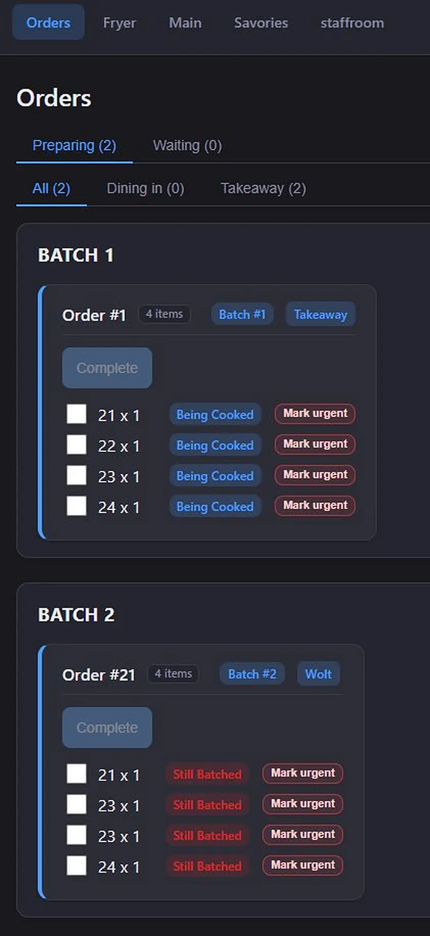 Kitchen orders panel with batch states and urgency markers
