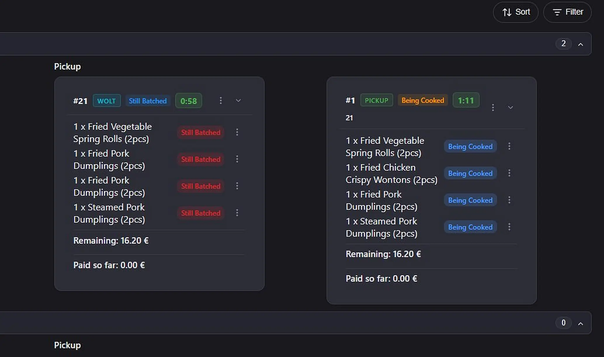 Pickup queue with batch and being-cooked states across Wolt, Bolt, and direct orders
