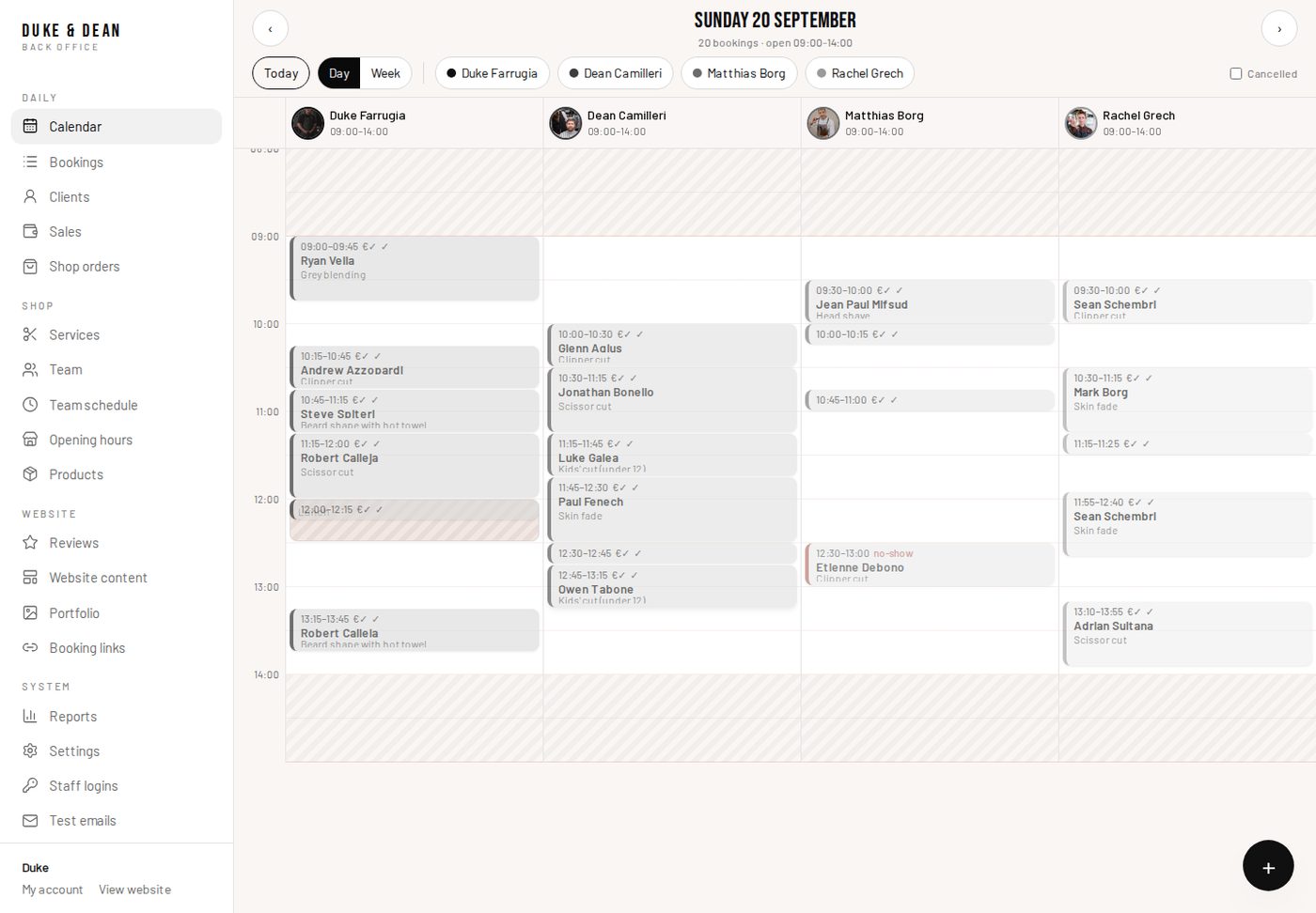 The day calendar with four staff