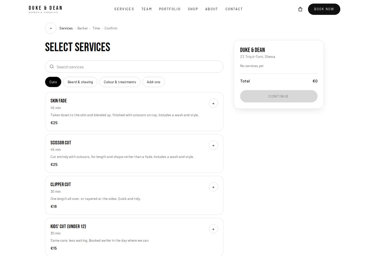 Choosing a service when booking