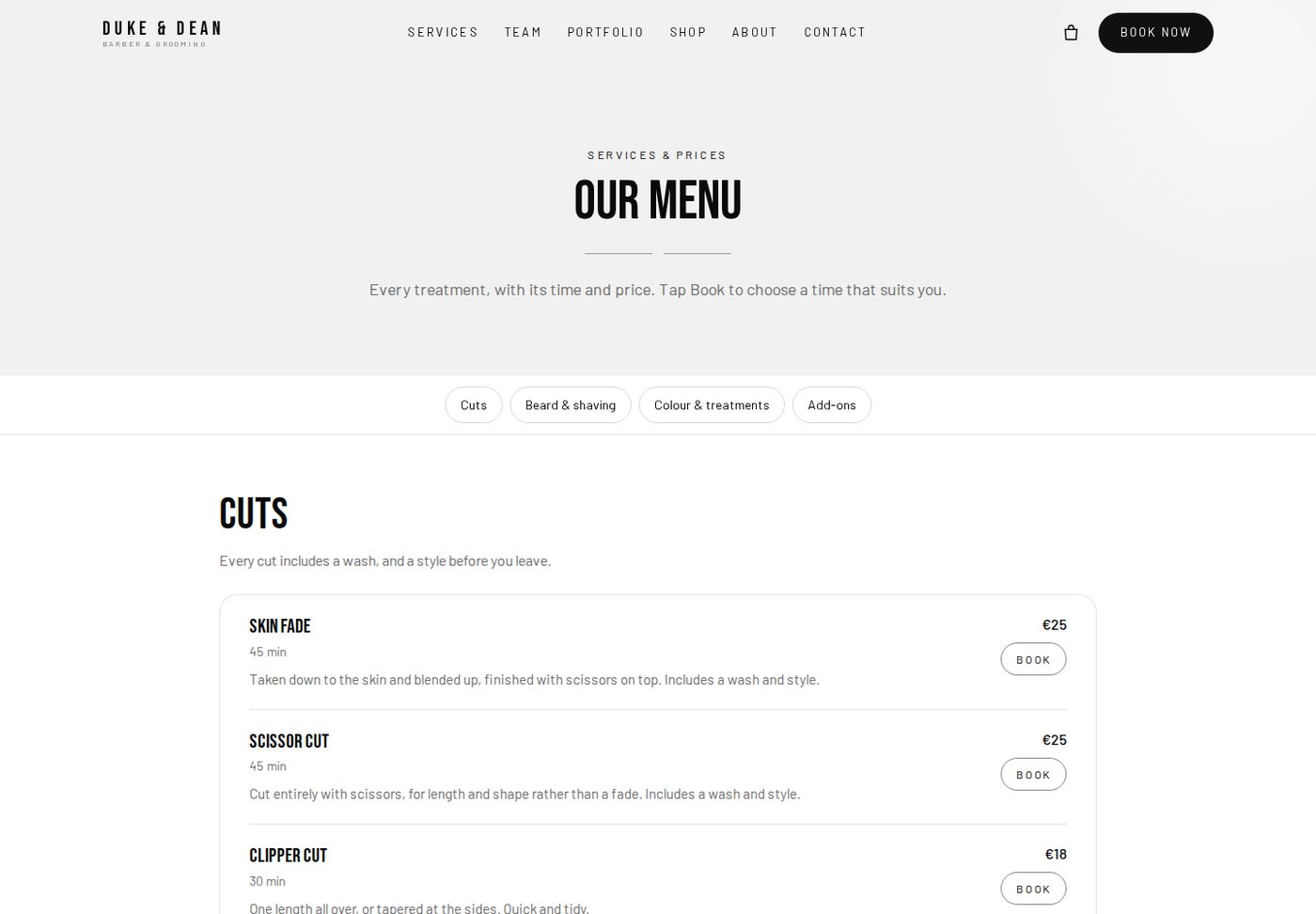 The price list page