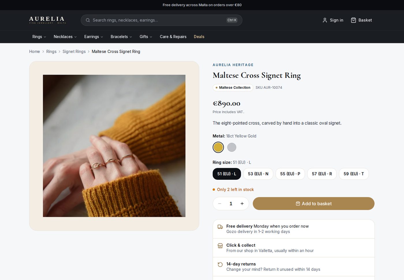 A product page with options and stock