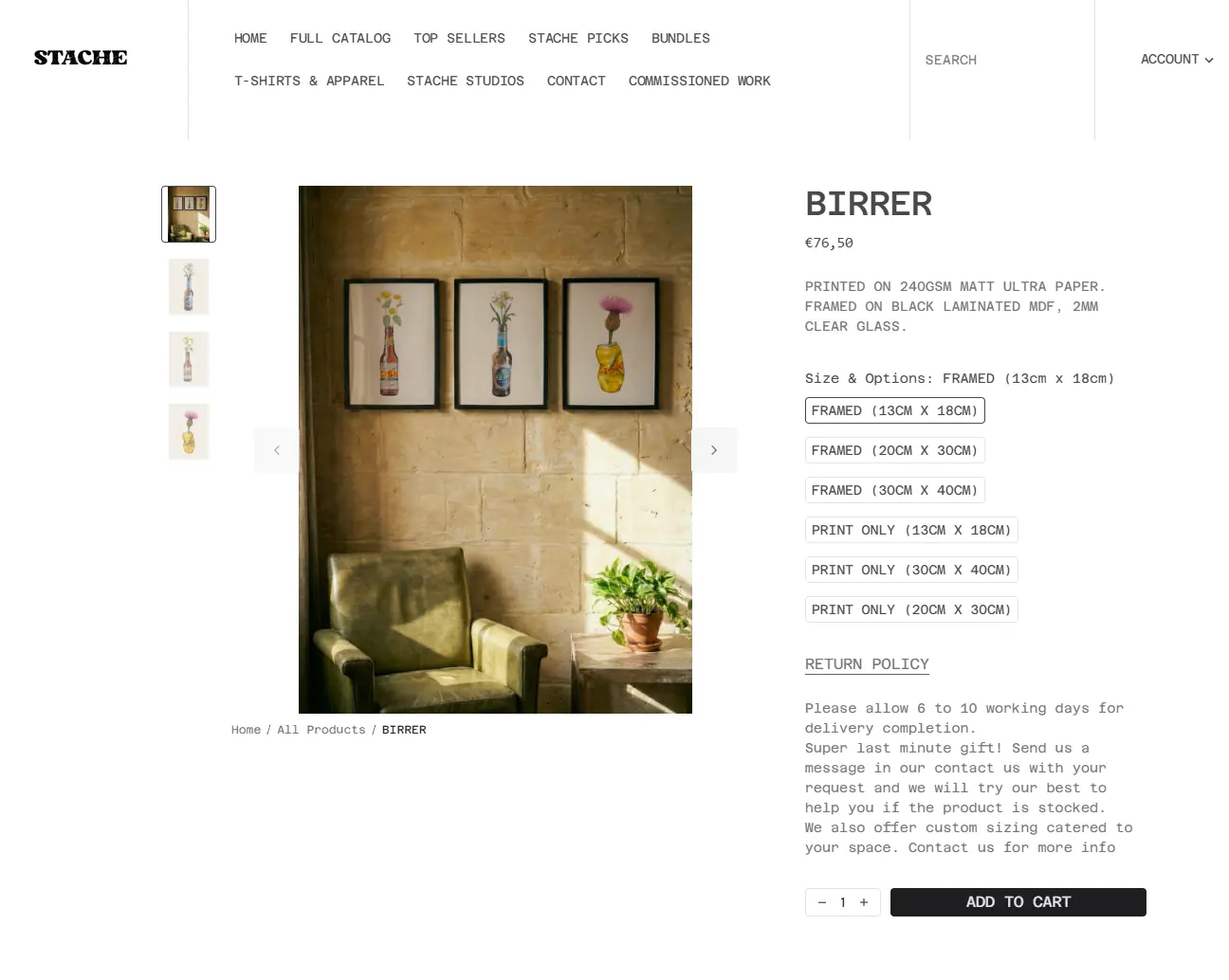 The Birrer bundle product page. Three framed beer-themed prints hanging in a row on a Maltese limestone wall above a sofa and a houseplant, photographed as a living-room mock-up. Price 76 euros 50, a return policy block, a Size and Options variant picker with framed and print-only formats at three sizes each, and an Add to Cart button.