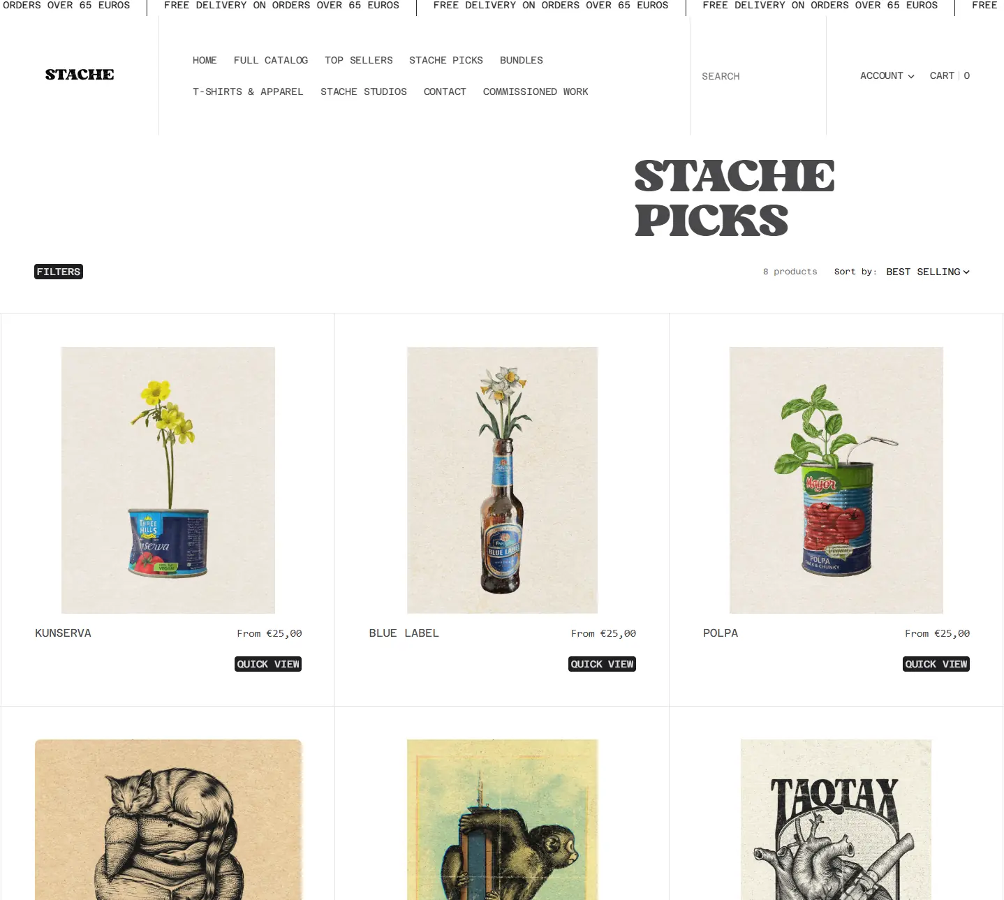 The Stache Picks collection grid on desktop. A 3-column product grid showing Kunserva, Blue Label, Polpa, and more prints beneath. A free delivery banner runs across the top, the full nav sits below it, a Filters button anchors the left, and a Best Selling sort dropdown sits on the right. Each card shows the print, the product name, the price, and a Quick View button revealed on hover.