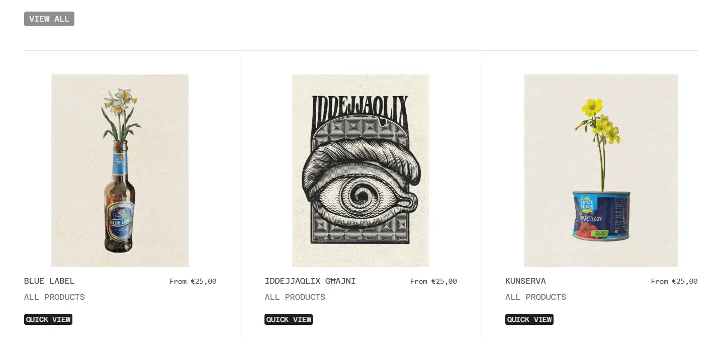 A merchandising row on the Stache Studios homepage. Three product cards stand in a row: Blue Label on the left, Iddejjaqlix Ghajni in the middle, Kunserva on the right. Each has a print thumbnail, the price, an ALL PRODUCTS tag, and a Quick View button. A VIEW ALL link sits above the row.