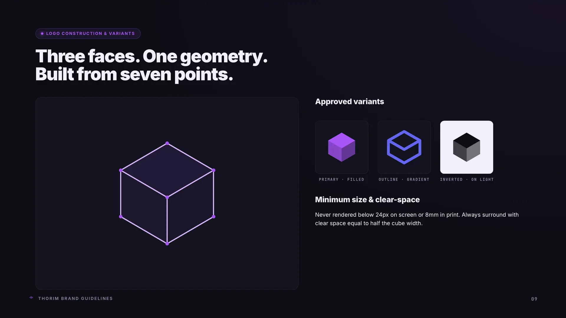 The Thorim cube construction grid. Three faces, one geometry, built from seven points on a 64-by-64 viewBox. Three approved variants shown to the right: primary filled, outline gradient, and inverted on light.
