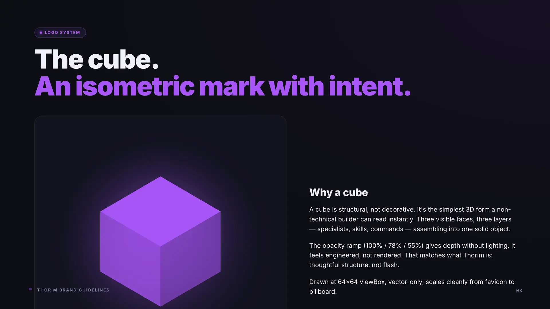 The Thorim cube logo presented at full scale on a dark field, with the headline The cube. An isometric mark with intent. Three visible faces map to skills, agents, and commands. The opacity ramp gives depth without lighting.