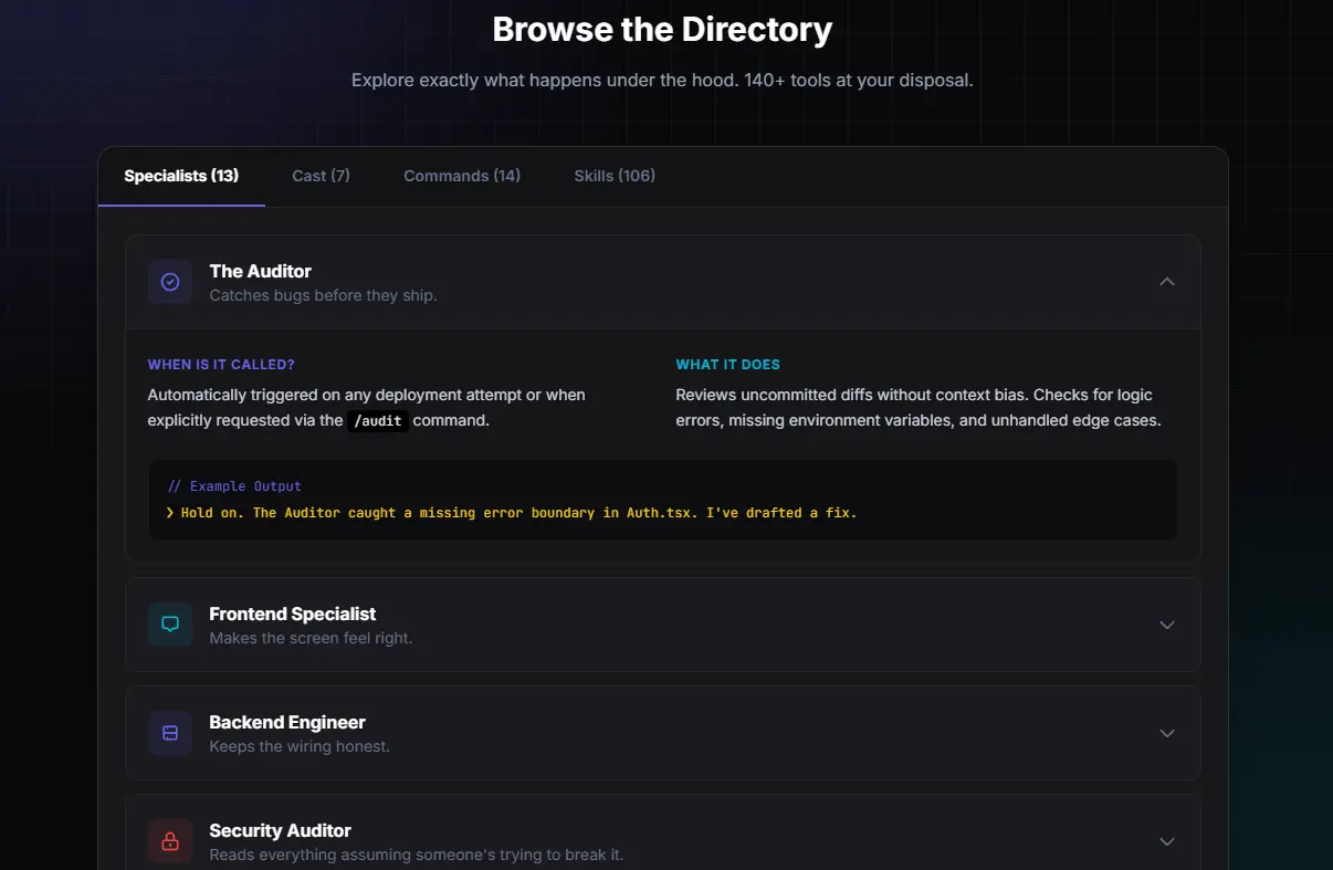 The Browse the Directory section of thorim.io. A tabbed interface with four tabs: Specialists 13, Cast 7, Commands 14, Skills 106. The Specialists tab is open. The Auditor entry is expanded, showing When is it called, What it does, and an example output reading Hold on. The Auditor caught a missing error boundary in Auth.tsx. I've drafted a fix. Below it, collapsed entries for Frontend Specialist, Backend Engineer, and Security Auditor.