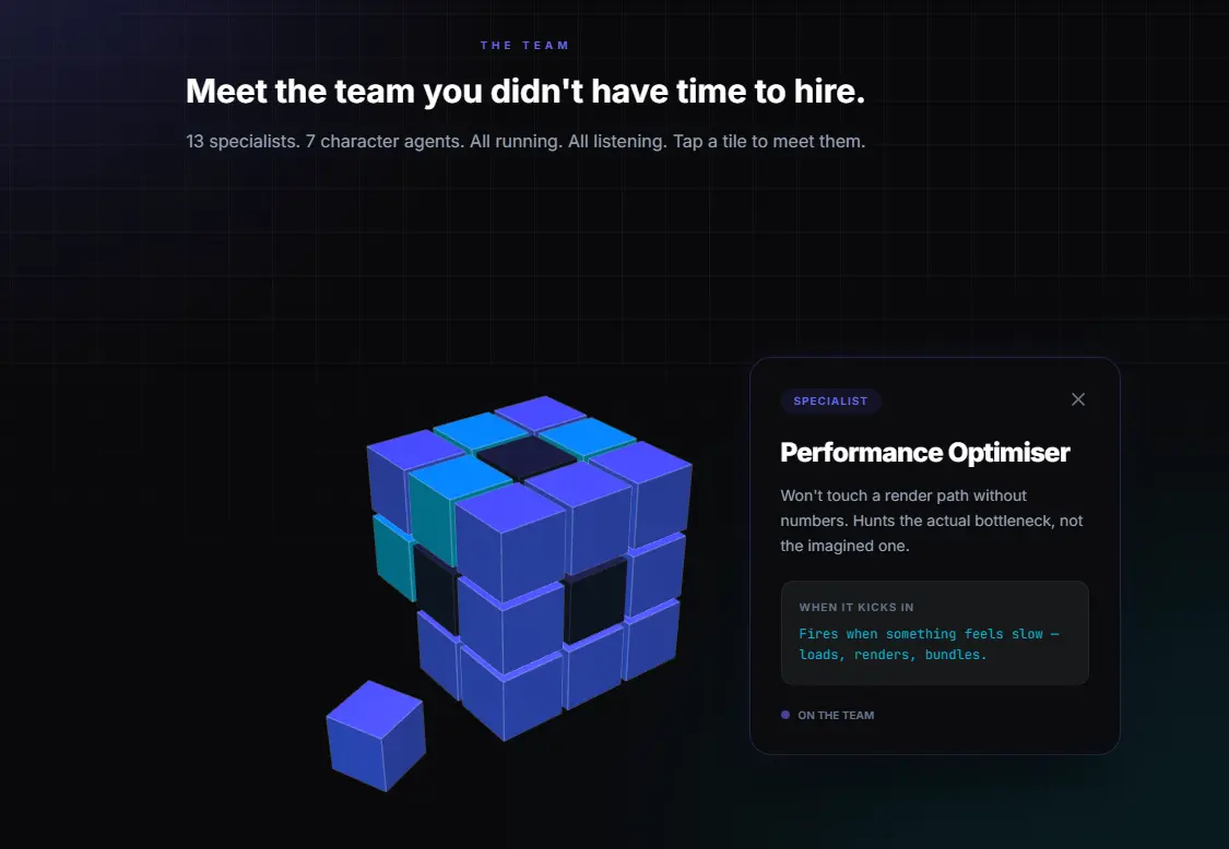 The Meet the team you didn't have time to hire section of thorim.io. A 3D cube made of smaller cubes floats on a dark field, with a single specialist tile open as a tooltip on the right reading Performance Optimiser, with a description of when it kicks in. 13 specialists. 7 character agents. All running. All listening. Tap a tile to meet them.