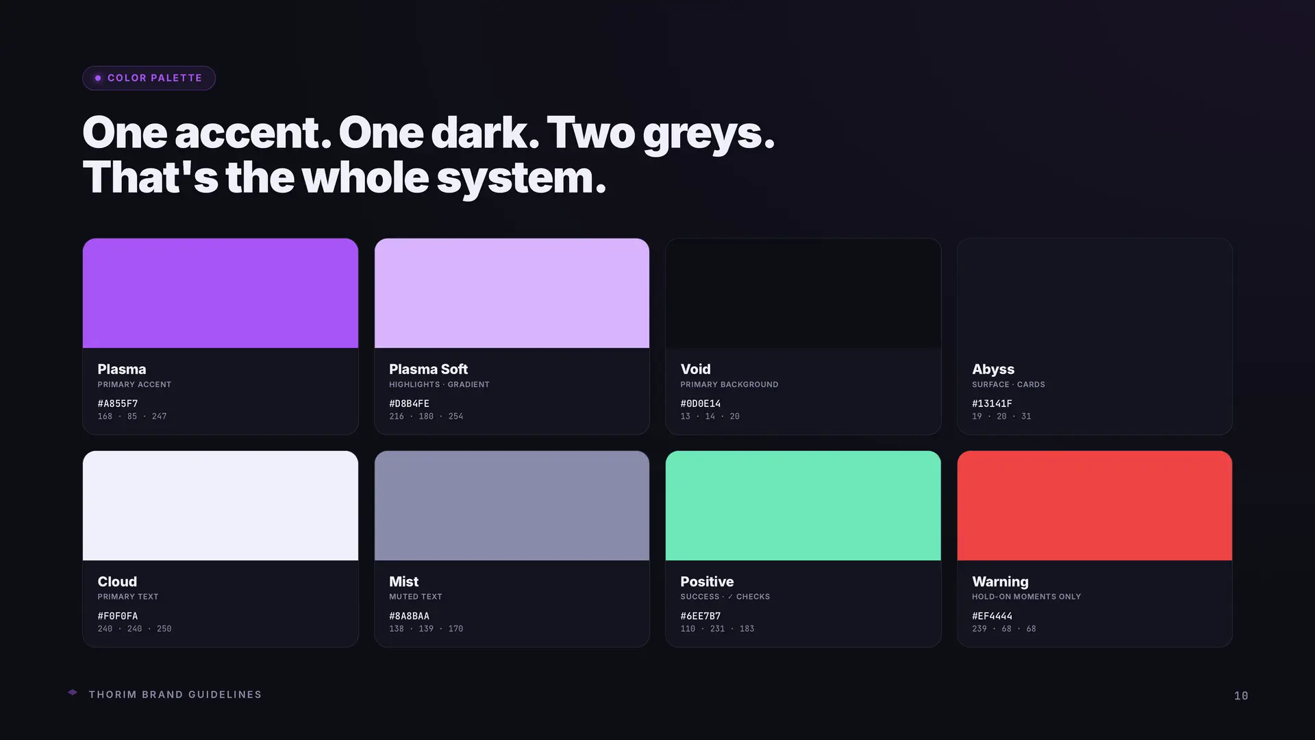 The Thorim eight-colour palette laid out as a grid. Plasma purple as the primary accent, Plasma Soft for highlights, Void and Abyss for backgrounds and surfaces, Cloud and Mist for text, Positive green for success states, Warning red for hold-on moments.