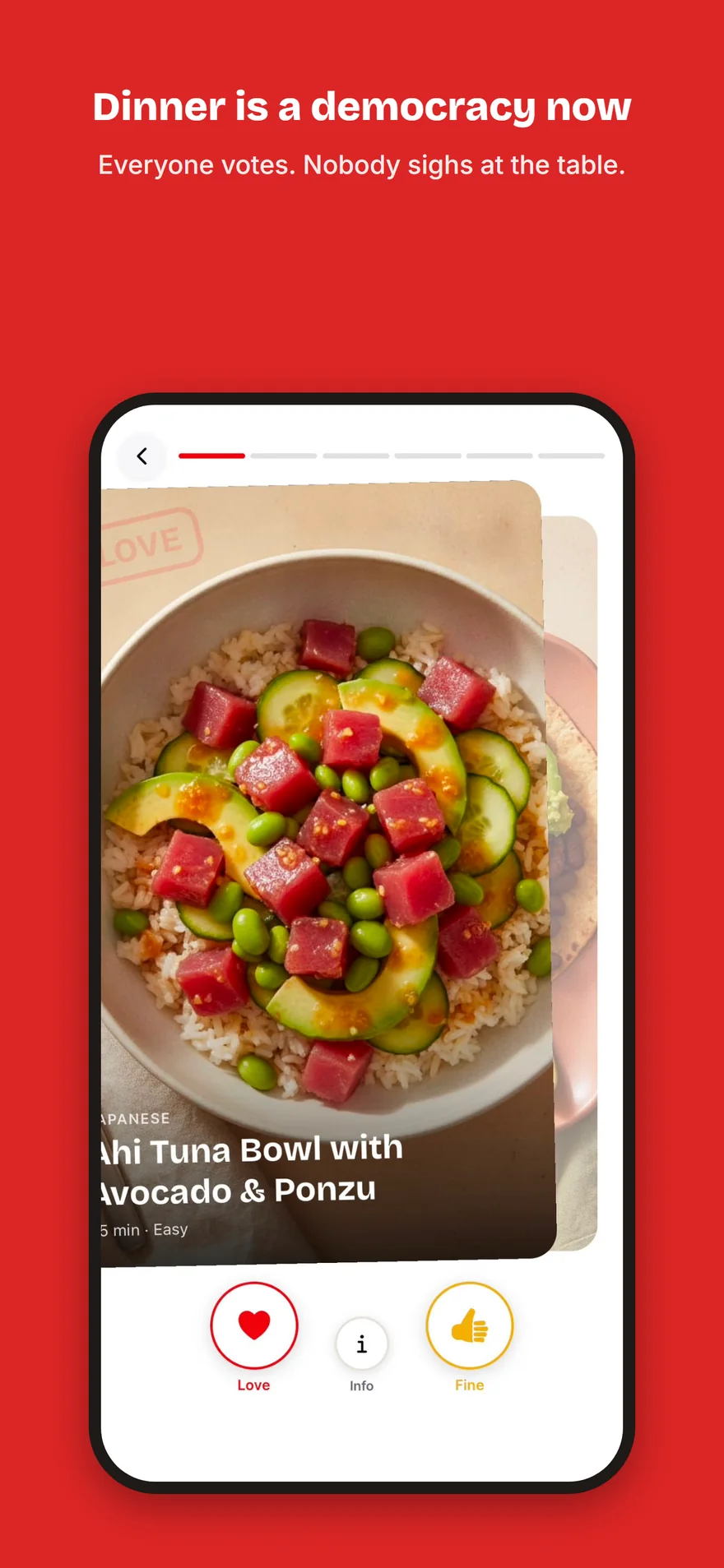 A Yumvote app screen designed by Blinklabs, showing a dish card with Love and Fine voting buttons.