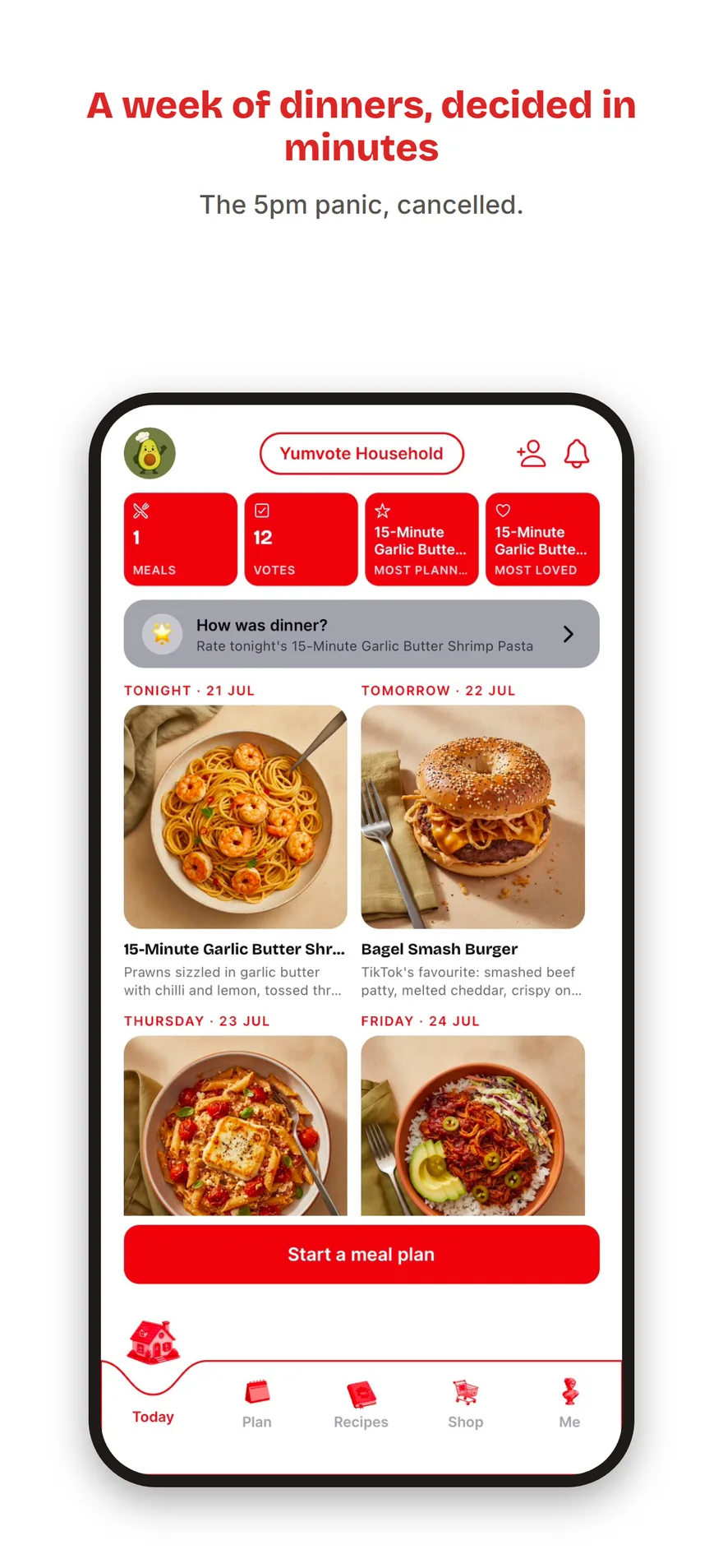 A Yumvote home screen built by Blinklabs, showing tonight's dinner and the week ahead.