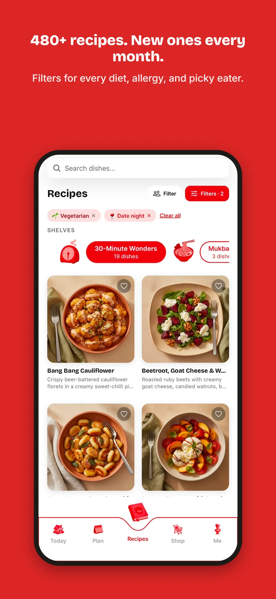 A Yumvote recipe browsing screen with search and diet filters, designed by Blinklabs.