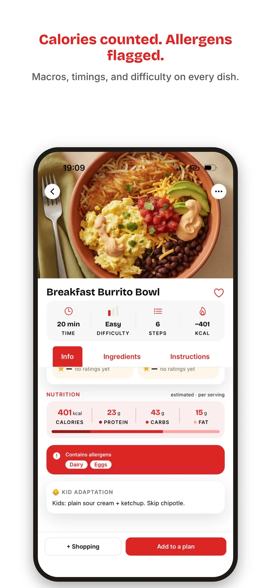 A Yumvote recipe detail screen showing macros, allergens and timings.
