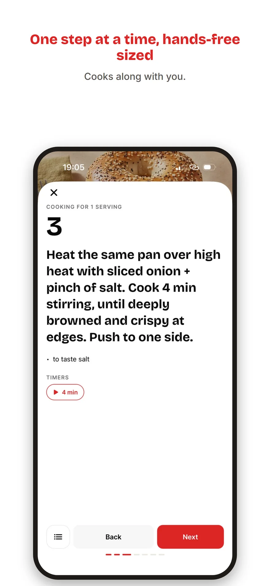 A Yumvote hands-free cook mode screen with a large step and a timer.