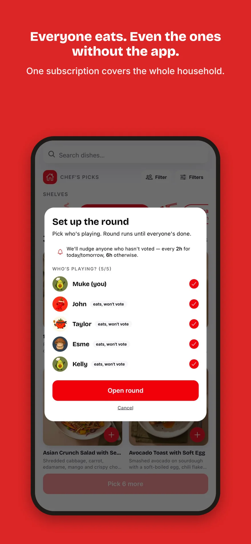 A Yumvote round-setup screen showing household members and their roles.