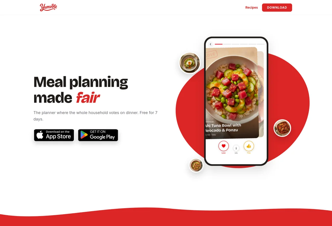 The Yumvote marketing website at yumvote.app, designed and built by Blinklabs, with App Store and Google Play badges.