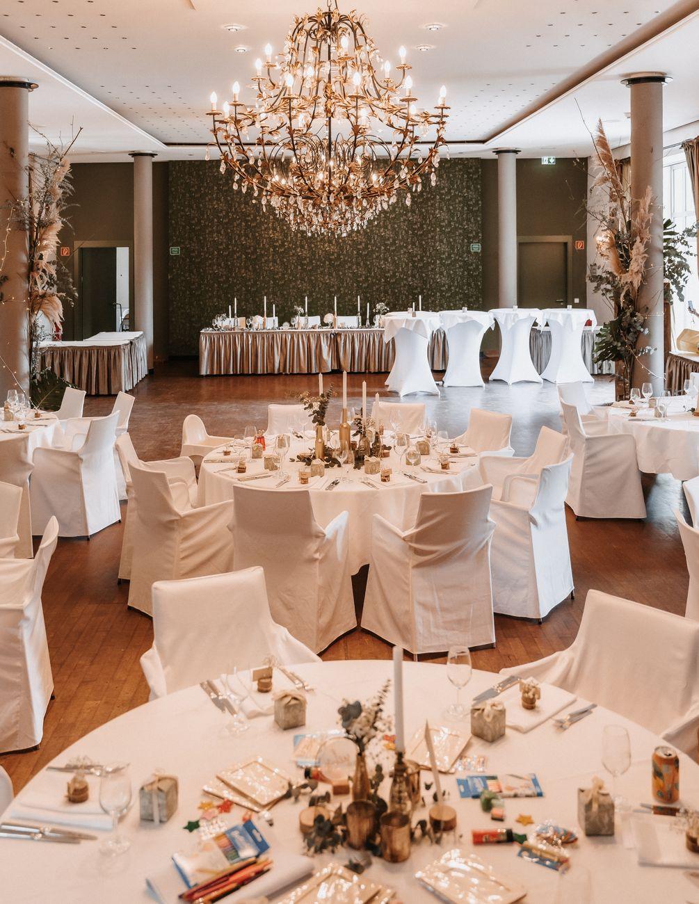 The grand ballroom set for a corporate dinner