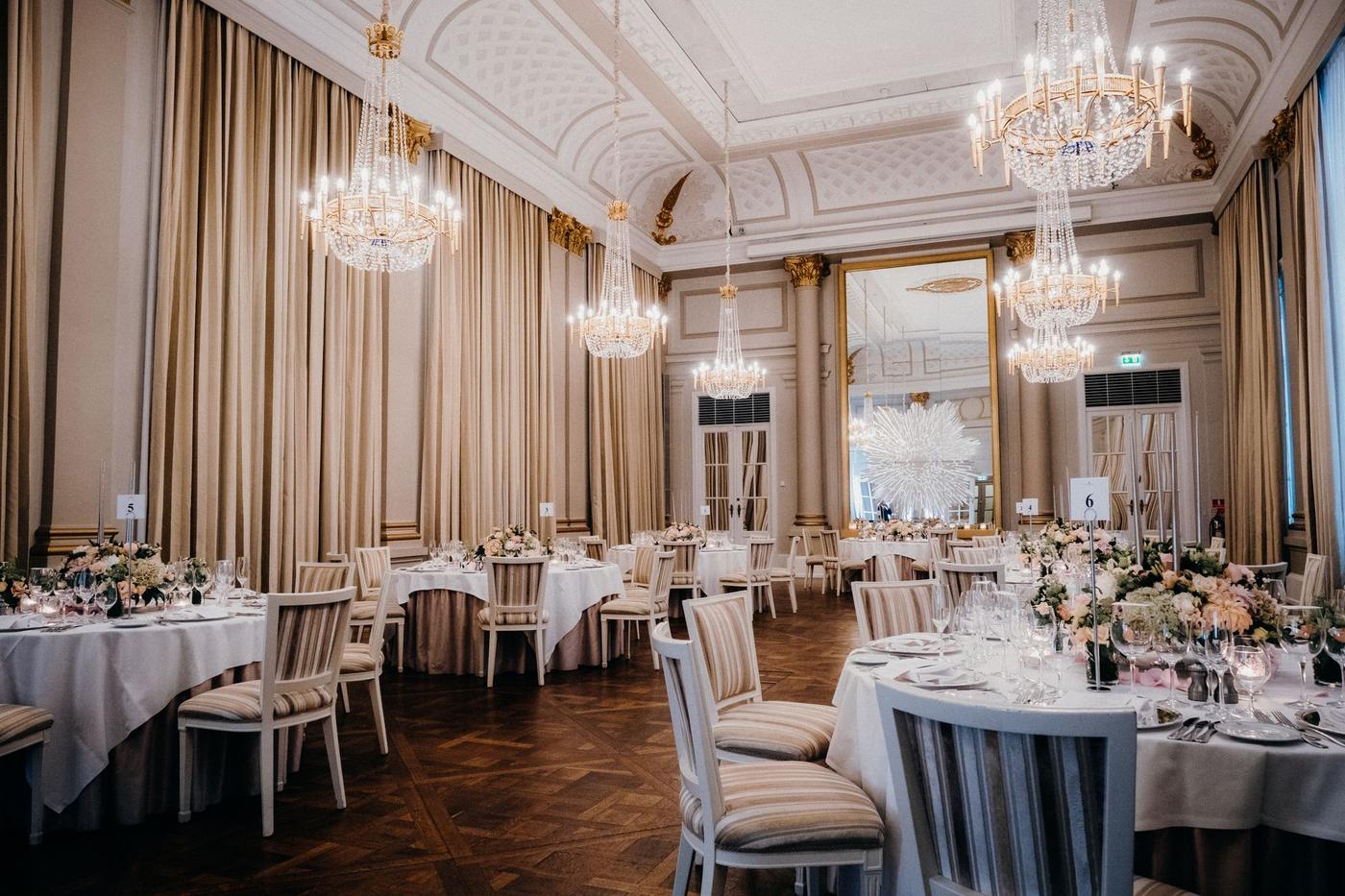Reflections across the ballroom floor