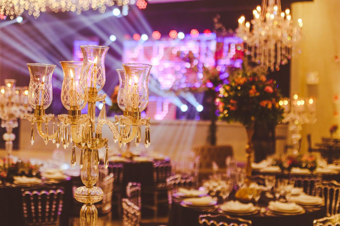 The ballroom arranged for a corporate dinner