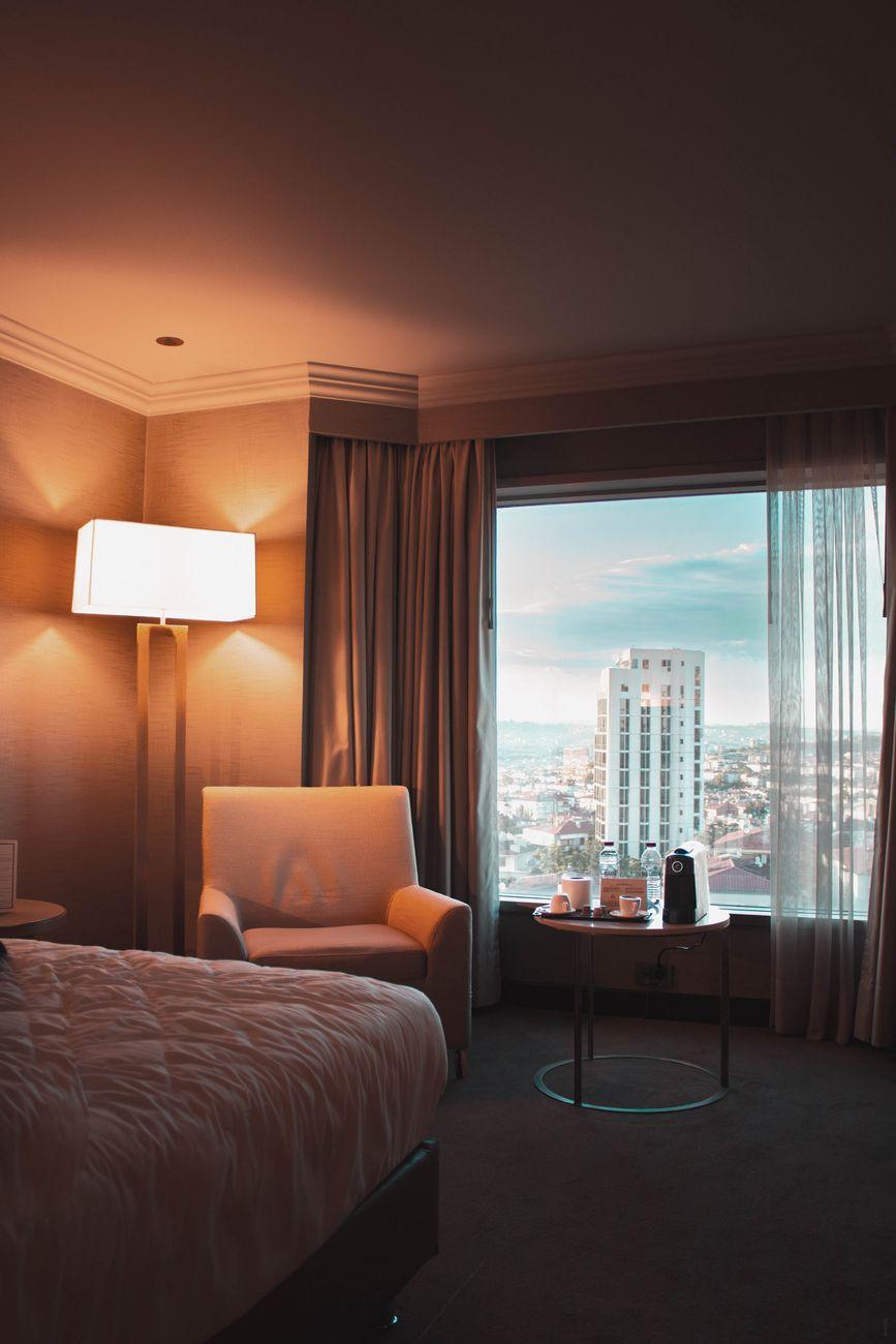 A guest room with an evening view