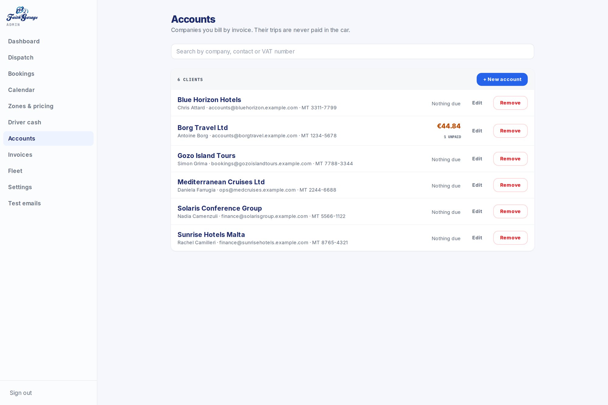 Company accounts billed by invoice