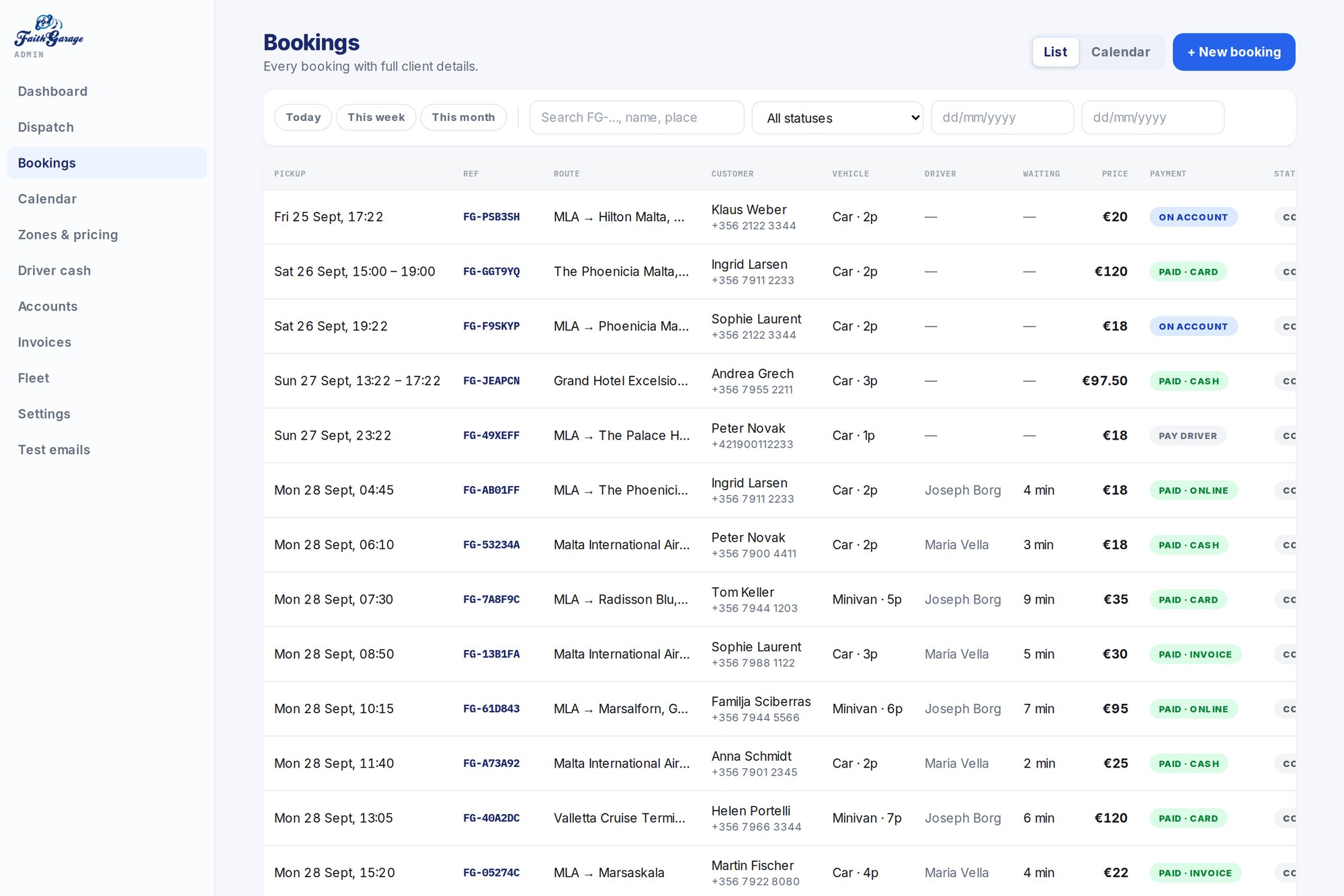 Every booking in one searchable list