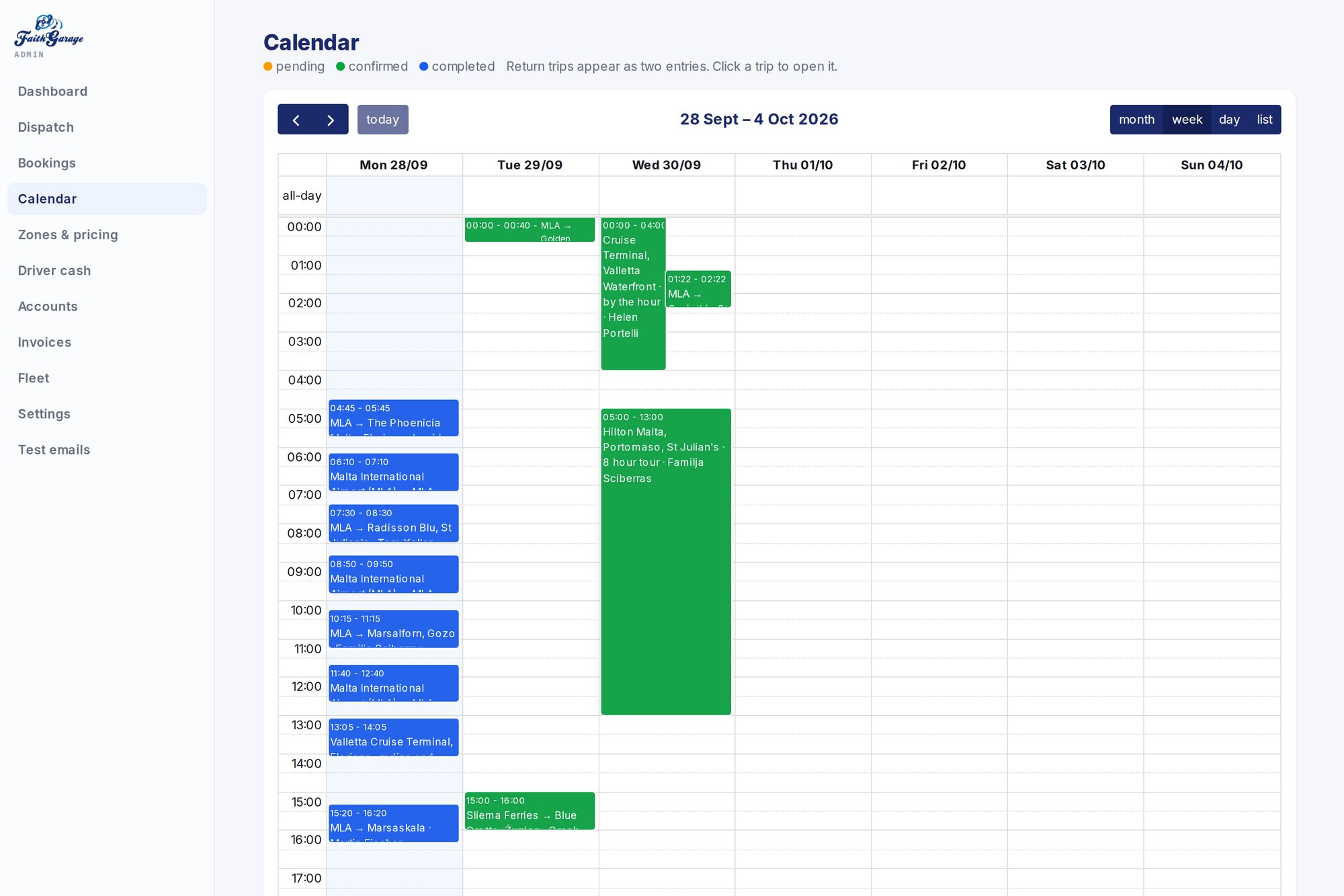The week in a calendar view