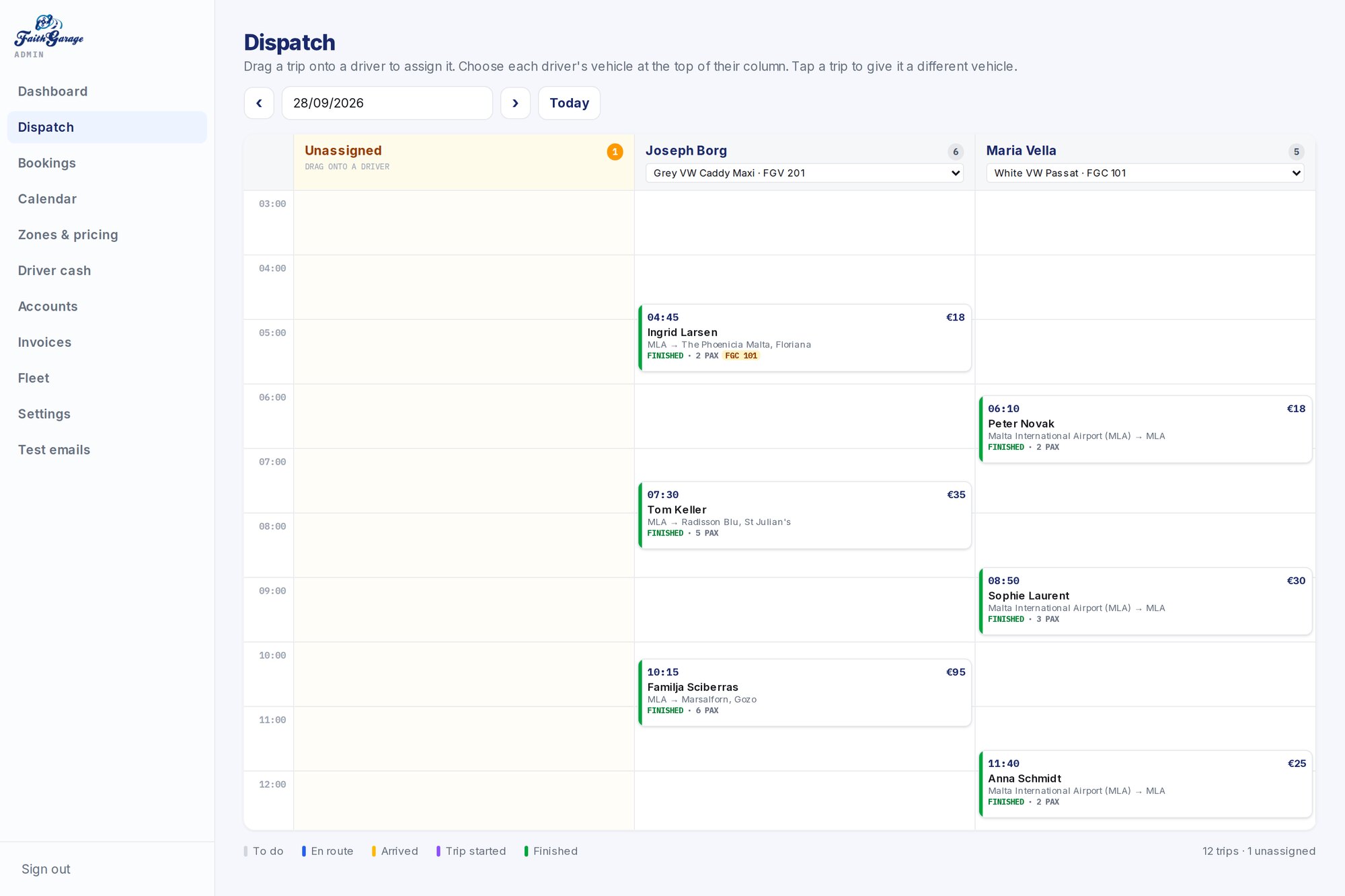 The dispatch board, trips assigned to drivers