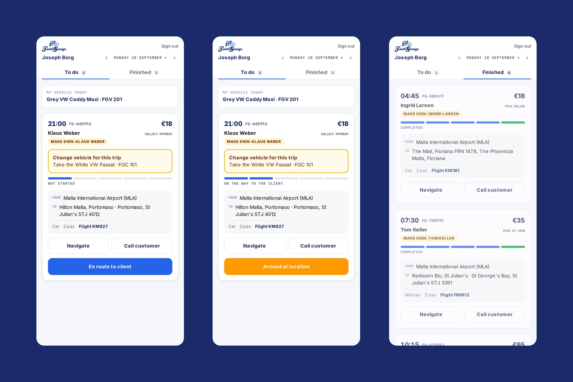 The driver app on a phone, three stages of a trip