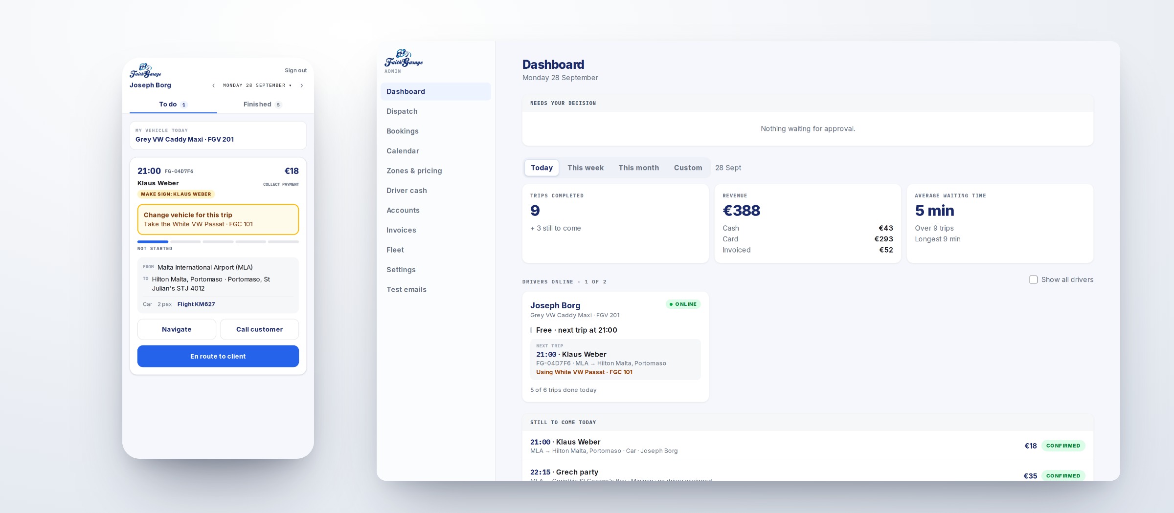 The Faith Garage system: the office dashboard and the driver app