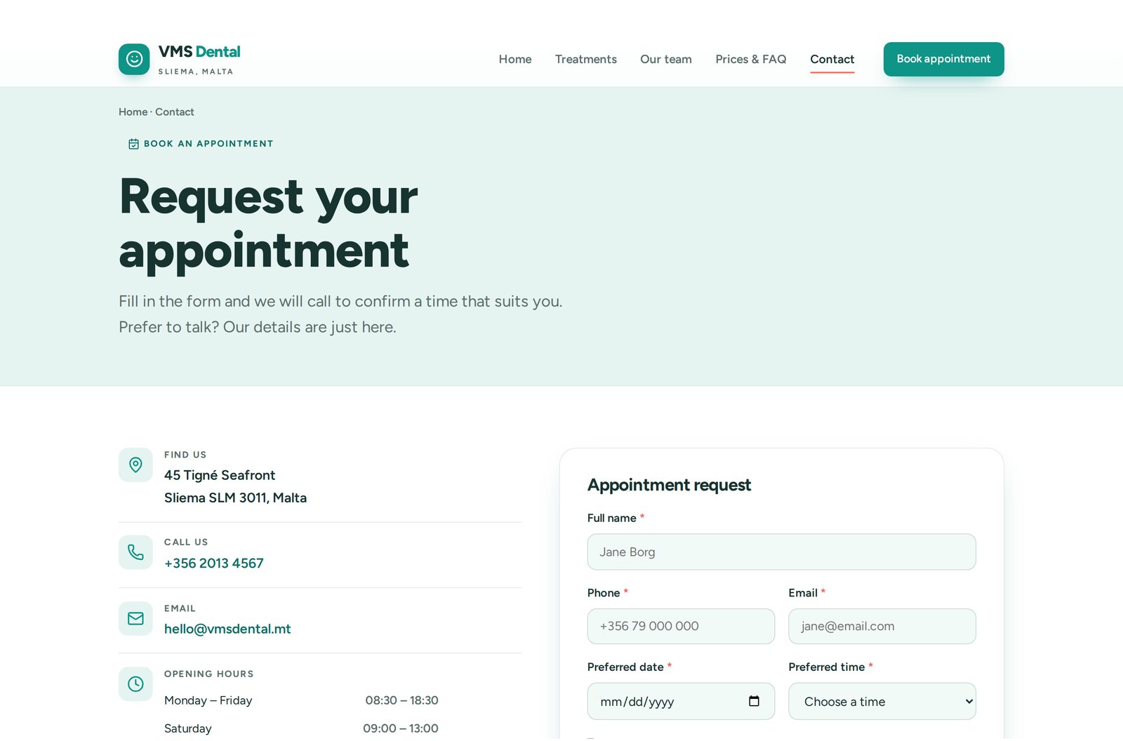 VMS online booking and contact