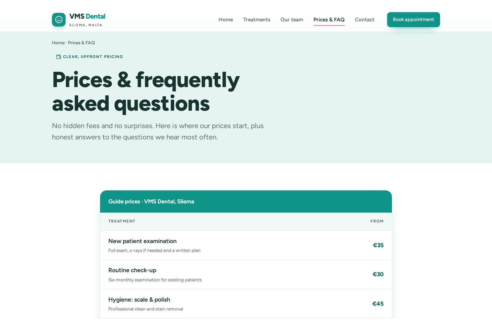 VMS prices and FAQ page